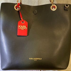 Karl Lagerfeld reversible shoulder tote with detachable pouch.